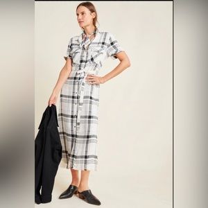 Anthropologie Cloth & Stone Hannah Midi White Plaid Button Down Shirt Dress Sz S